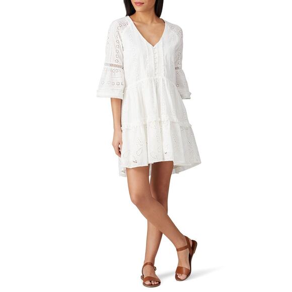 N12H White Cotton Eyelet Pure Peasant Three Quarter Sleeve Poppy Dress XS US 0 - Picture 1 of 16